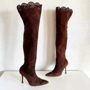 Manolo Blahnik Brown Suede Laser Cut Out Over The Knee Heeled Boots Size EU 37